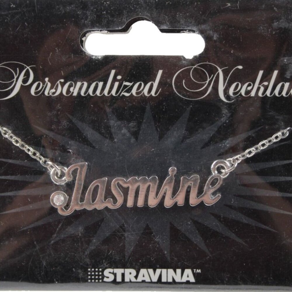 JASMINE Name Silvertone Rhinestone 14.5" w 4.5" Multi Ring Ext Necklace